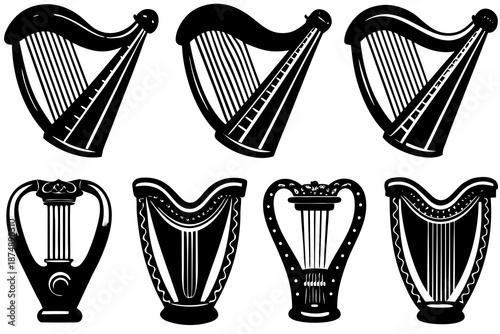 set of Traditional Irish Harp Silhouette Vector Icon Isolated on White