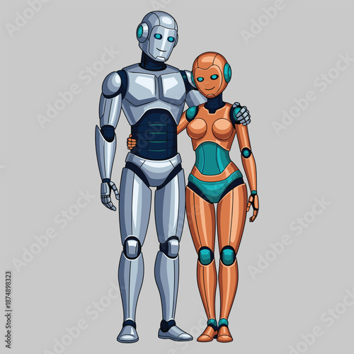 Humanoid Robot Couple Standing Together in a Content Pose, Concept of AI Companionship, Future Robotic Relationships, Sentient Machine Partnership, and Cybernetic Bonding Vector Illustration
