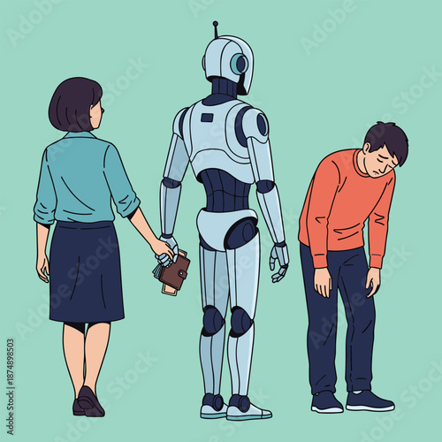 Woman Giving Wallet to a Robot While Dejected Man Stands Nearby, Concept of Economic Displacement by AI, Automated Wealth Transfer, Job Loss, and Financial Inequality Vector Illustration