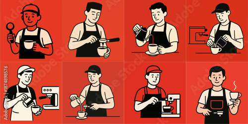 barista coffee vector illustration on red background