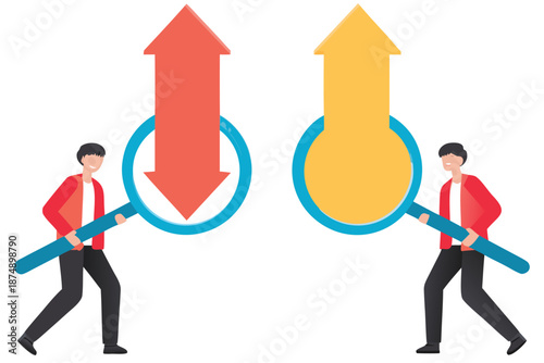 Ideas and plans to change business situation and direction, businessman holding magnifying glass to study downward arrow while colleague wants arrow in magnifying glass to grow upward