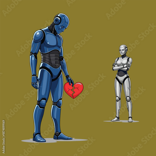 Sad Blue Robot Holding a Broken Red Heart with Indifferent Female Android, Concept of Robotic Heartbreak, AI Loneliness, Digital Rejection, and Emotional Machine Vulnerability Vector Illustration