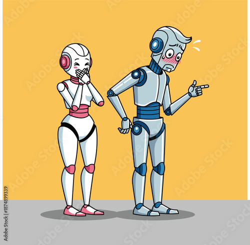 Blushing Silver Robot Appearing Flustered and Concept of Robotic Social Awkwardness, AI Humor, Machine Personalities, and Emotional Interaction Vector Illustration