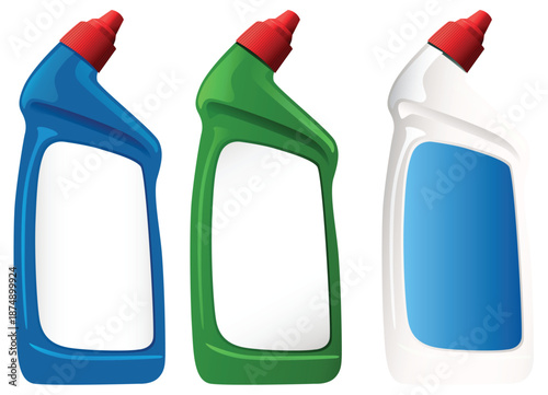 Three Plastic Cleaning Bottles with Red Caps in Row