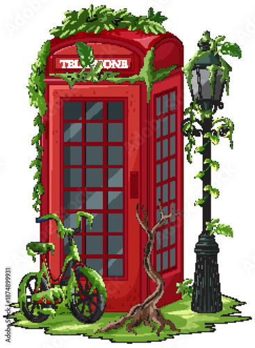 Overgrown Red Telephone Booth with Bicycle and Lamp Post