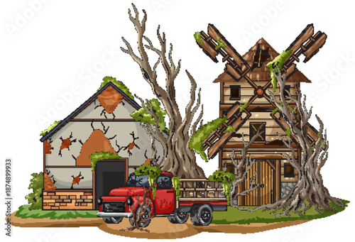 Abandoned Farmhouse and Windmill Overgrown with Trees