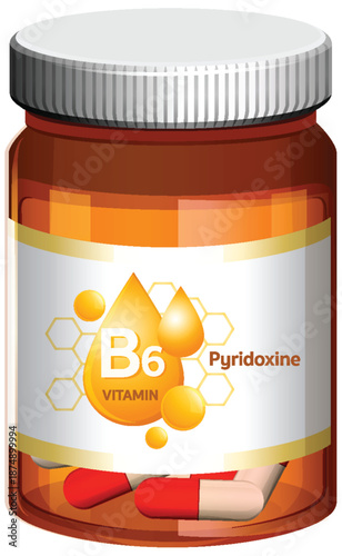 Vitamin B6 Pyridoxine Supplement Bottle with Capsules
