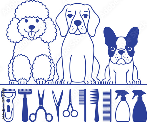 Professional dog grooming set with poodle beagle and french bulldog characters and pet salon tools like scissors brushes clippers and spray bottles.