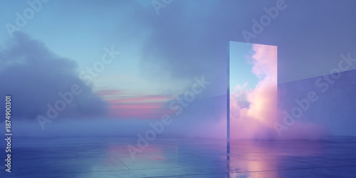 Dreamlike Vistas with Reflective Portal Leading to a Horizon of Soft Clouds and Serene Abstract