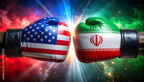 Boxing Gloves Featuring United States and Iran Flags Symbolizing Political Tension and International Conflict