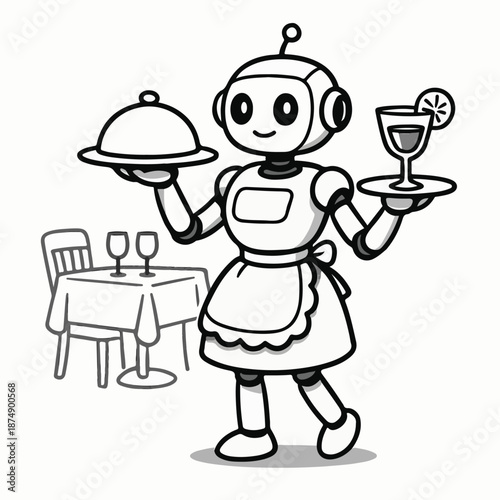 vector illustration of Robot waiter in futuristic restaurant on white background