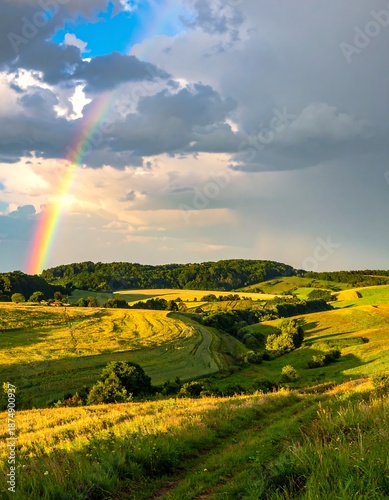 Scenic landscape with a vibrant rainbow stretching across rolling hills