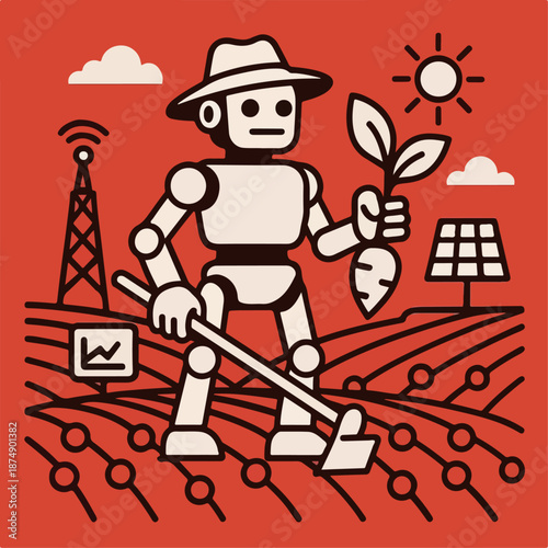 vector illustration Robot farmer in high tech field