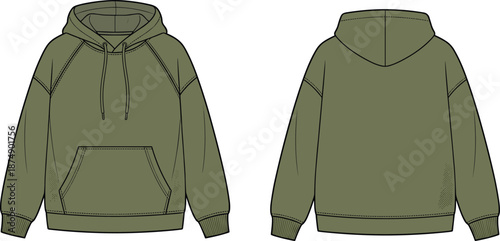 Olive green hooded sweatshirt flat vector illustration with front and back views featuring kangaroo pocket for modern casual apparel design