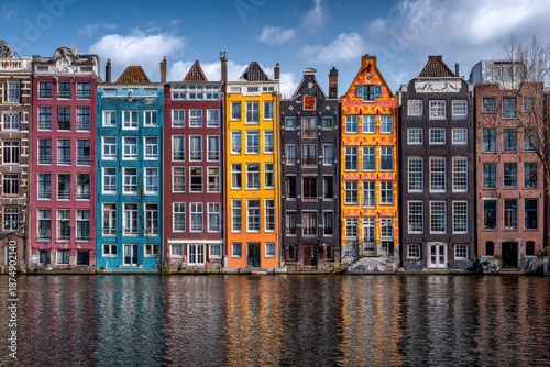 A vibrant row of historic canal houses with colorful facades in a European city
