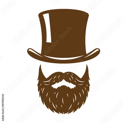 Drawing Vintage Brown silhouette of a mans face with a beard and mustache wearing a top hat on white background  isolated