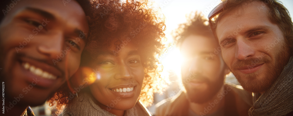 Fototapeta premium Happy friend group smiling people diverse friendship sunset light close up portrait young adult winter clothing outdoor city warm feeling genuine