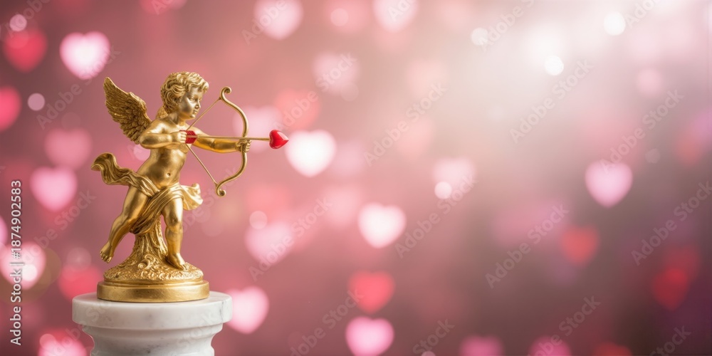 Fototapeta premium Golden Cupid statue aiming a heart arrow on a romantic pink background
