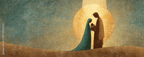 Nativity holy family silhouette baby halo light faith religion worship Christmas story illustration in desert night landscape