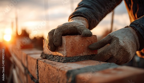 Close-up of gloved hands carefully placing a brick on a wall during sunset