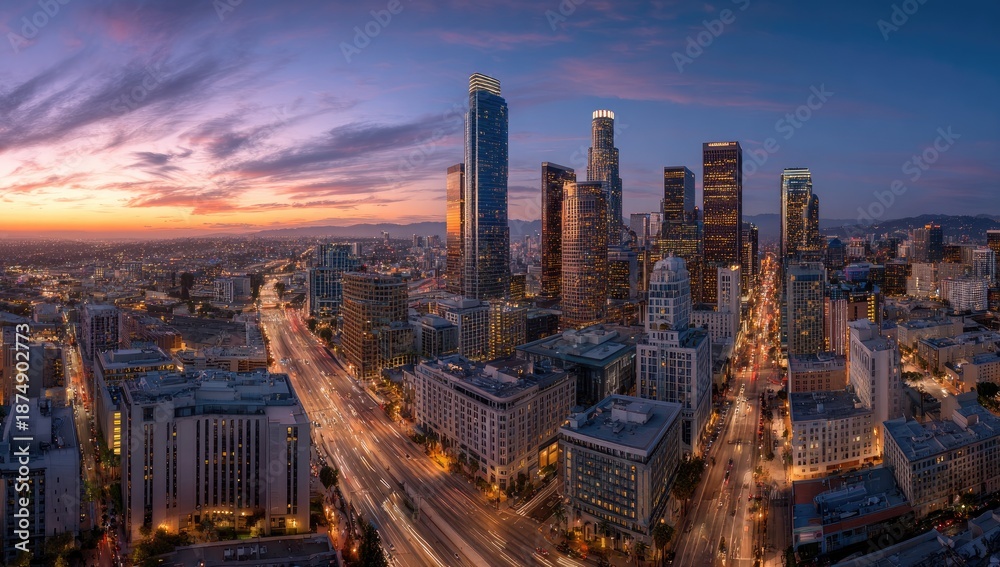 Fototapeta premium Aerial panorama of a bustling cityscape illuminated by the twilight sky