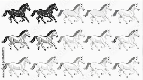Multiple horses running in different shades of gray and black