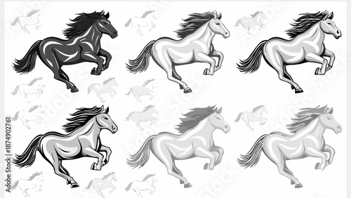 Multiple horses running in different shades of gray and black
