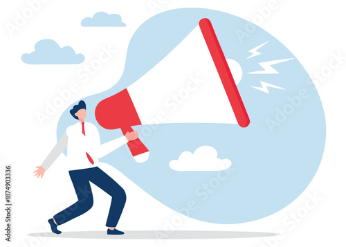 Announcement or storytelling, communication skill or shouting out loud, sending message or attention warning, speak or boss aggression concept, businessman boss shouting on megaphone or loudspeaker.
