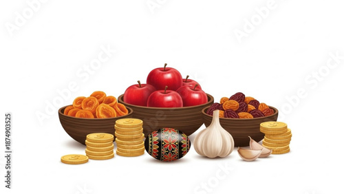 A traditional Haft Seen table arrangement featuring a collection of apples, garlic, dried fruits, coins, and a decorated egg, symbolic of Nowruz.
