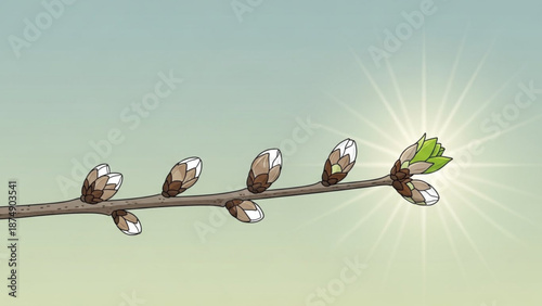 A hopeful illustration of a tree branch with several closed buds and one vibrant green bud freshly emerging, shining brightly under the sun.
