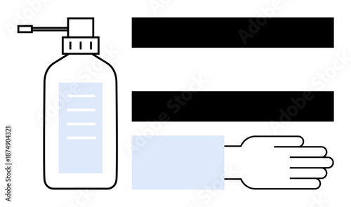 Hand sanitizer bottle with pump, open hand in a sleeve, and two bold horizontal lines. Ideal for hygiene, cleanliness, healthcare, disinfection, safety prevention and simplicity. Flat metaphor
