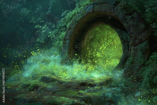 A moldy portal in a fantasy realm, spores drifting out like a gateway to another world.