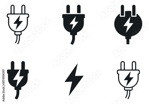 Modern electrical icon set featuring various power plugs and lightning bolt symbols for energy and charging contexts