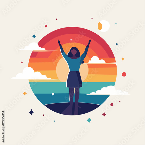Vector artwork of a woman with arms raised towards a vibrant sunset, symbolizing hope, achievement, and freedom with celestial elements