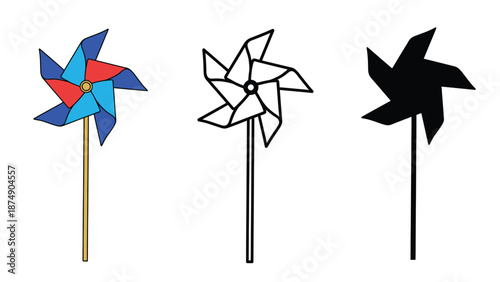 Three colorful pinwheels on sticks in different designs and colors