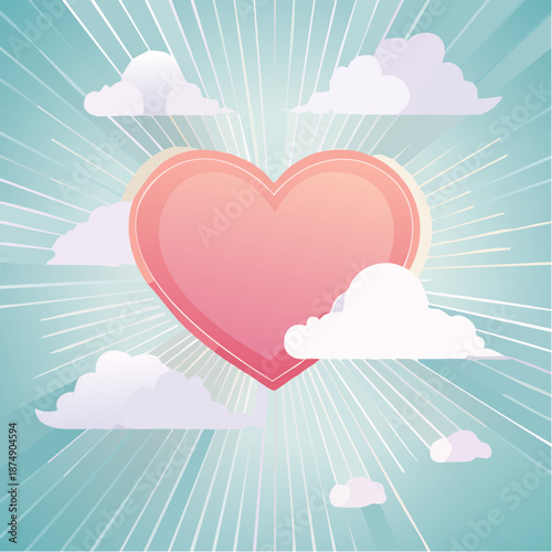 Poetic vector illustration depicting a radiant pink heart gently floating amidst wispy clouds and bright light rays in a serene blue sky, symbolizing pure love and dreamy romance