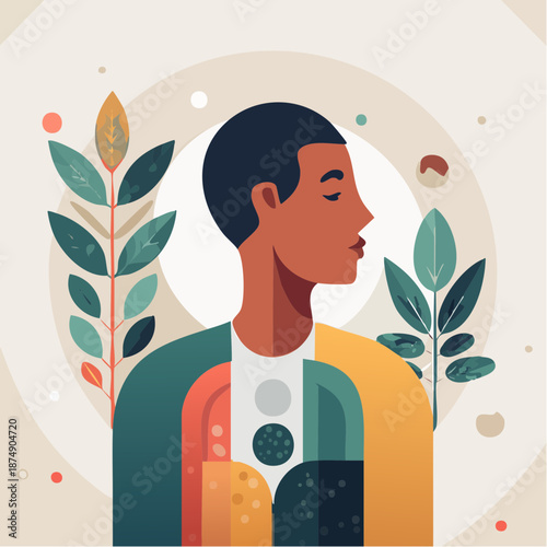 Minimalist vector illustration of a serene human profile, beautifully integrated with organic shapes and botanical elements, symbolizing balance, nature, and personal growth