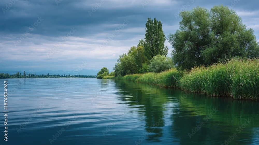 Obraz premium Serene Lakeside View with Lush Greenery and Calm Waters Under Overcast Sky, Tranquil Nature Scene for Relaxing and Meditative Ambiance