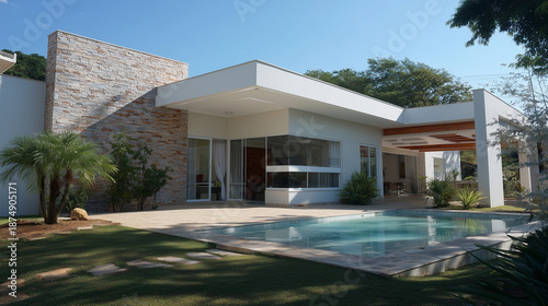 Modern Home With Pool, Patio, And Stone Accent Wall In Sunny Outdoor Living Space