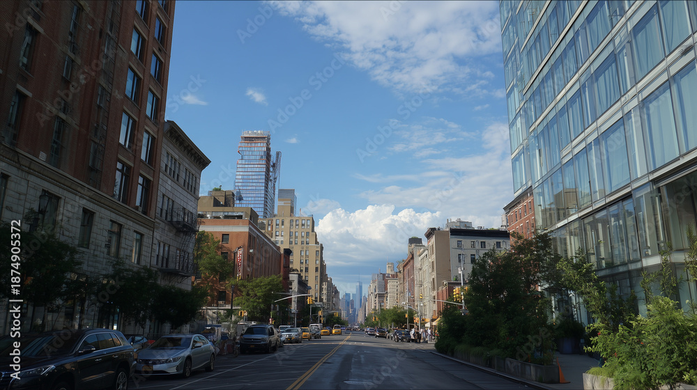 Naklejka premium Busy Urban Street With Modern Glass Buildings and Clear Blue Sky in NYC Style
