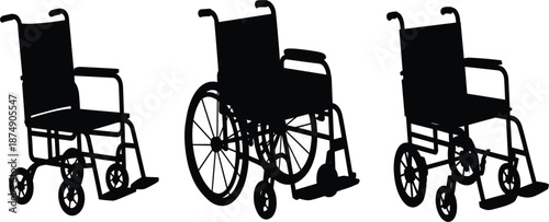 Professional wheelchair silhouette set for medical and disability accessibility concept, healthcare equipment vector illustration for mobility