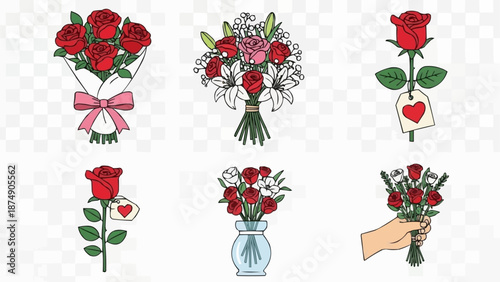 Collection of beautiful red rose bouquets and single roses.