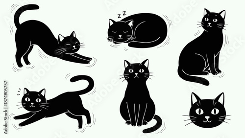 Collection of black cat illustrations in various poses.