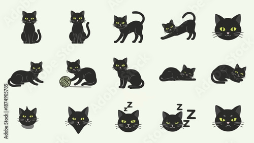 Collection of Black Cat Illustrations in Various Poses.