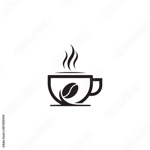 Steaming Coffee Cup Icon with Coffee Bean and Swirls