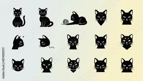Collection of Black Cat Illustrations with Various Expressions.