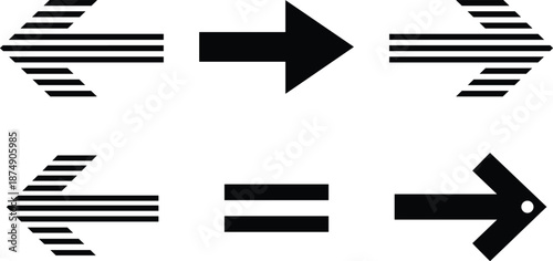 Striped black arrow direction icons set with left right navigation symbols for interface design, signage, diagrams, infographics, and user guidance systems