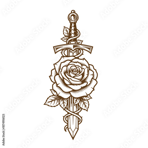 Drawing Vintage tattoo design of a dagger with a rose wrapped in a snake  illustration