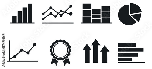 Modern graphic data visualization set featuring various charts, graphs, arrows, and an award ribbon for business and financial analytics