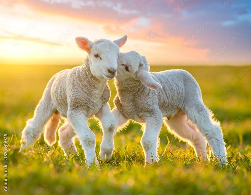 Fototapeta premium Two fluffy lambs frolic in sunlit grass under a colorful sunset